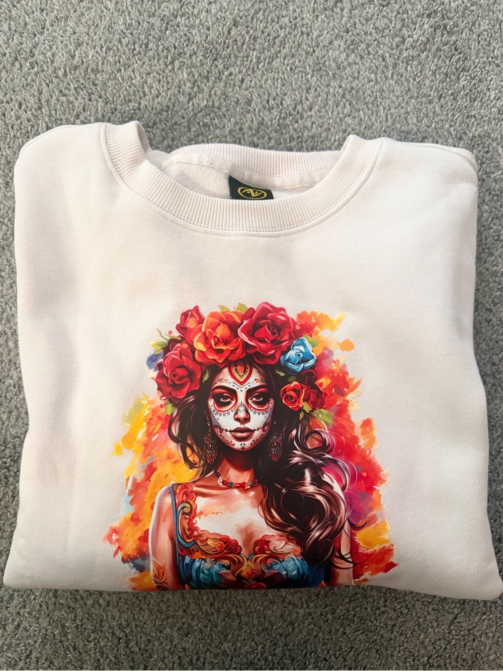 White Sweatshirt with Colorful Sugar Skull Floral Portrait